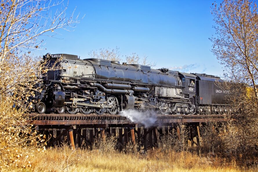 Union Pacific 4014 crosses a trestle east of Kit Carson Colorado