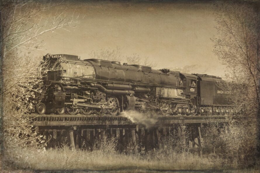 Union Pacific 4014 crosses a trestle east of Kit Carson Colorado