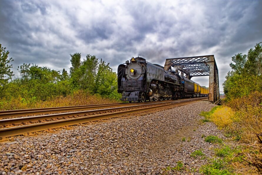 Union Pacific 844 crosses a bridge west of Kansas City Kansas