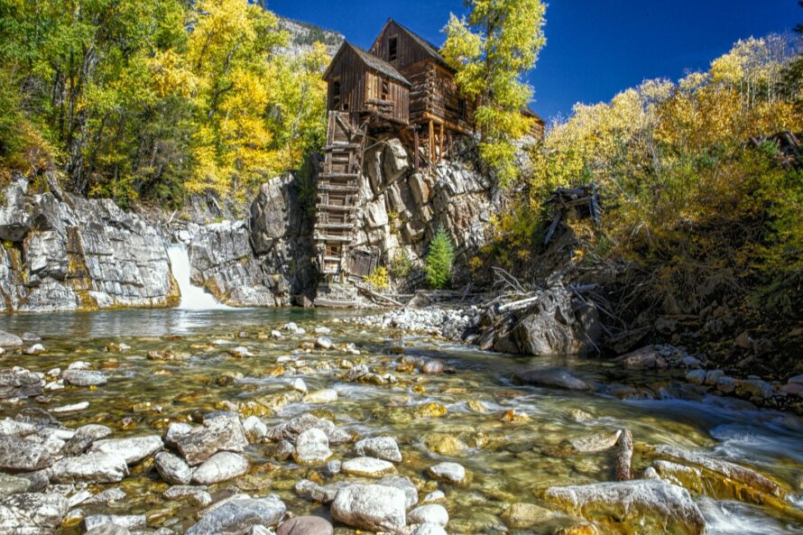 Crystal Mill in Crystal Colorado at peak Aspen season in the Fall.