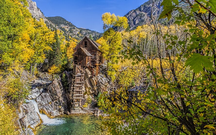 Crystal Mill in Crystal Colorado at peak Aspen season in the Fall.